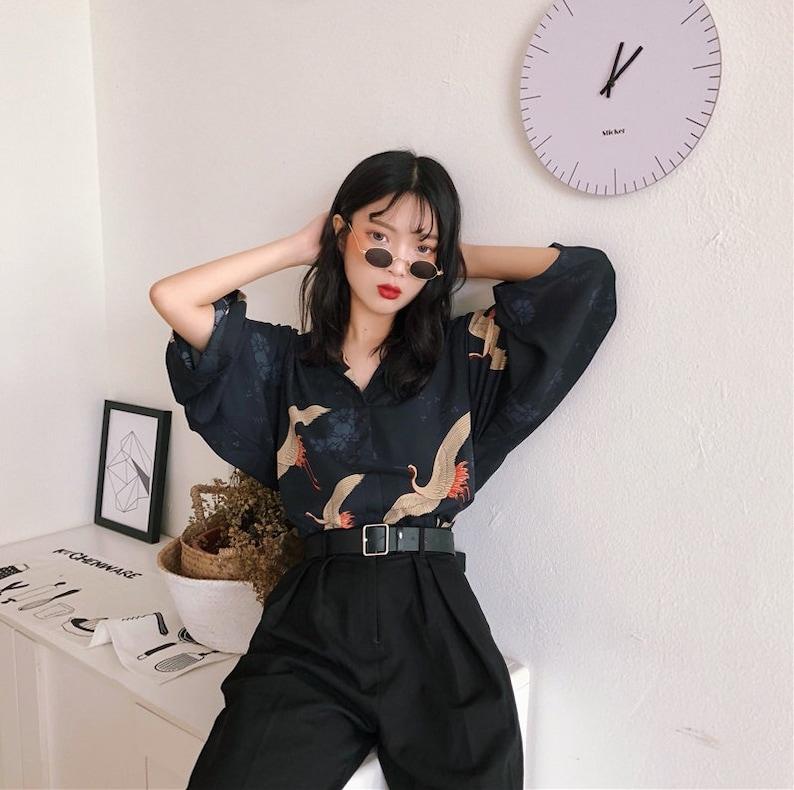 Vintage Kimono Style Japanese Cranes Classical Art Front and Back Printed Flare Sleeves Shirt Blouse Soft Wrinkle Free Cute Tunic For Her