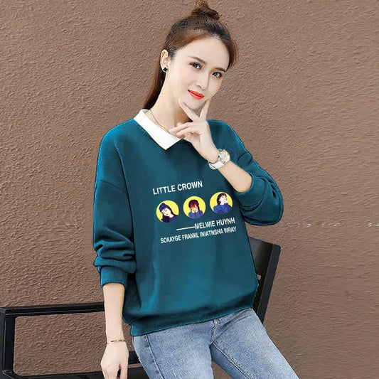 Women's Spring and Autumn Loose Cotton Lapel Neck Tops Long Sleeve Large Size Casual Pullover