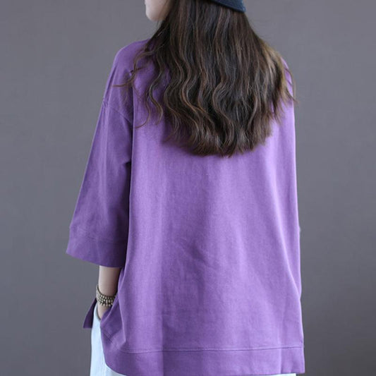 Pure Cotton Loose Slit T-shirt Girls Thin Round Neck Short-sleeved Comfortable Breathable Top