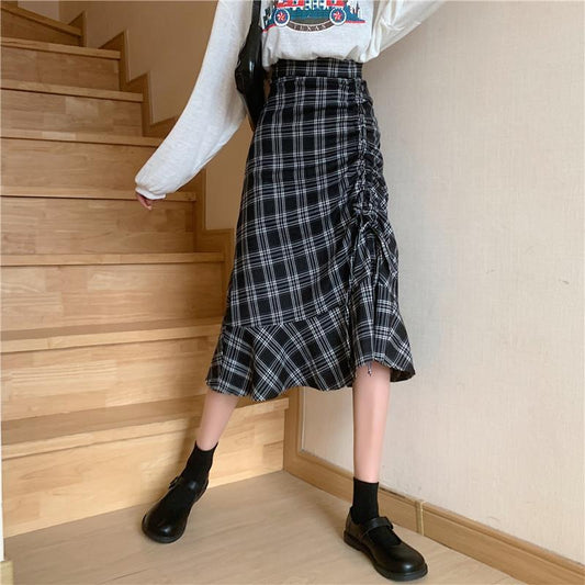 Folds Plaid Skirt Women High Waist A-line Mid-length Half Skirt Thin Daily Student School