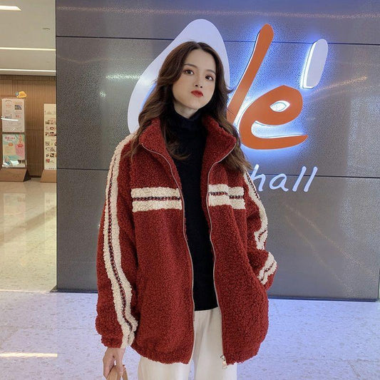 Autumn and Winter All-match Lamb Wool Stand-up Collar Jacket Women Retro Loose Thickened Lamb Wool Jacket Short
