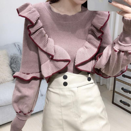 Autumn Winter Sweater Women's Knit Sweater Round Neck Pullover Fashion Ruffled Wild Long-sleeved Bottoming Shirt