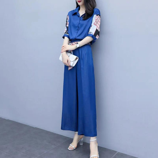 Ladies Wide Leg Pants Suit Summer Women's Large Size Printed Shirt + Two-piece Set of Thin Loose Casual Pants