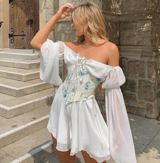 Vintage Fairy Corset Dress 2 Piece Mini Dress Women Summer Beach Vacation Long Sleeve Corset Bandage Sundress Party Casual Dresses