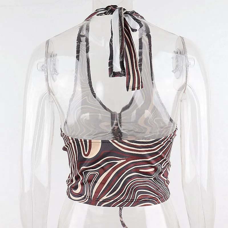 Printed Pleated Lace-up Halter Neck Vest Women's Summer Sexy Beauty Back Crop Top Beaded Strap Camisole Sleeveless Beach Wear Cool Steetwear Top