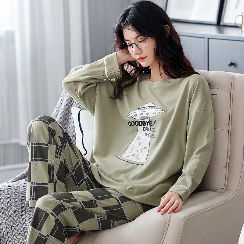 Women 's Pajamas Set Long Sleeve Sleepwear Suit Cotton Pyjamas Cartoon Cute Nightwear Loose Casual Home Wear Autumn Winter Pullover Tops and Pants