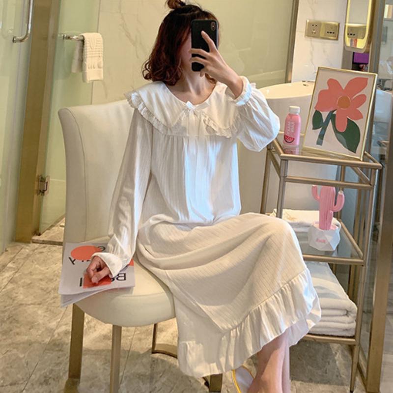 Women's Cute Japanese Sweet Bow Nightdress Doll Collar Princess Nightdress Long-sleeves Vertical Striped Pajamas Dress Loose Comfortable Homewear