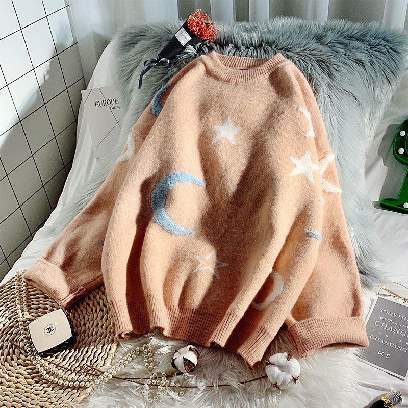 Women's Sweet Star Month Age Print Pullover Sweater Loose Plus Size Knitted Sweater Top Bottoming/outwear