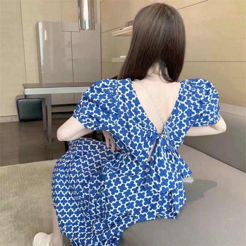 Women's Summer French Elegant Blue Square Shoulder Bubble Sleeve Backless Floral Design Niche Dress