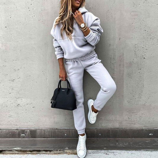 2PCS Women's Tracksuit Casual Long Sleeve Sweatshirts and Long Pant Fleece Two Piece Sets Solid Hooded Sport Suits Autumn Warm Hoodie Laides Suits