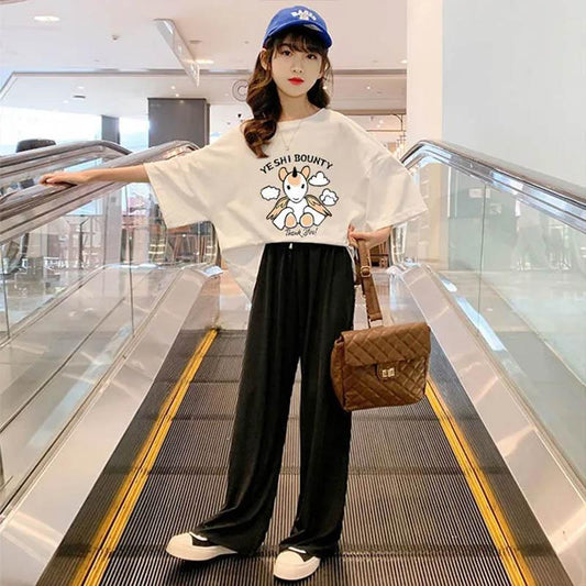 Girls Summer Suits Cute Printed Short Sleeves Loose Casual Pants Soft Breathable Skin-Friendly and Comfortable Two-piece Set