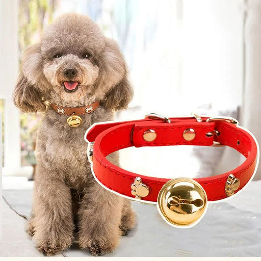 Dog Collars Small Dogs Teddy Pomeranian Corgi Dog Bell Collars Pet Supplies Cat Collars PU Leather Adjustable Size Collar Paw Bone Collar Pet Neckwear