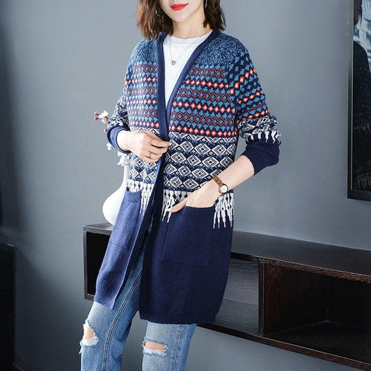 Spring and Autumn Knitted Cardigan Sweater Mid-length Loose Casual Sweater Fashion Jacquard Female Jacket