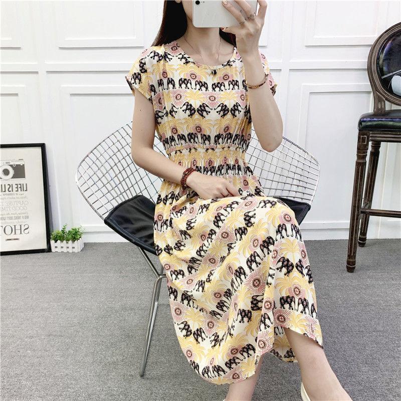 Mid-length Dress Printed Vest Summer Waist Mid-length Dress Ethnic Style Cotton Silk Floral Dress