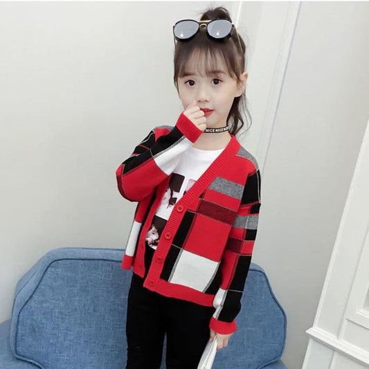 Little Girl Spring and Autumn Sweater Long-sleeved Slim Knit Cardigan Jacket Older Children's Clothing Fashion