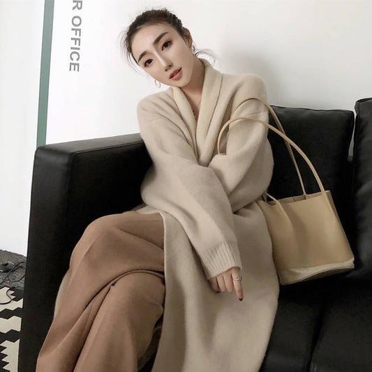Autumn and winter new loose lapel sweater jacket female long section knit net red warm jacket