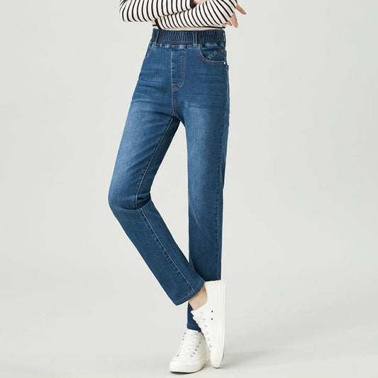 Elastic Waist Jeans Women's Spring 2022 New Elastic Slim Straight Pants Women's High Waist Slim Long Pants