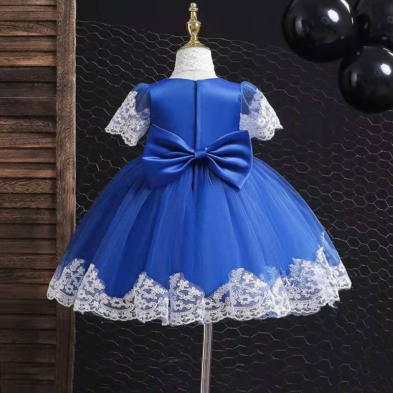 Temperament Girls Dress Skirt Lace Bow Dress Princess Skirt Round Neck Short Sleeve Lace Tutu Skirt Waist A-line Skirt Sweet Fairy Tale Skirt