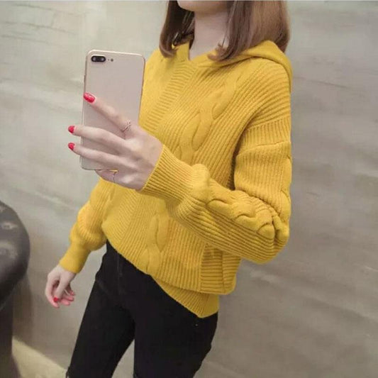 Sweater Women Winter V-Neck Solid Color Hooded Sweater Long Sleeve Pullover Knitted Sweater