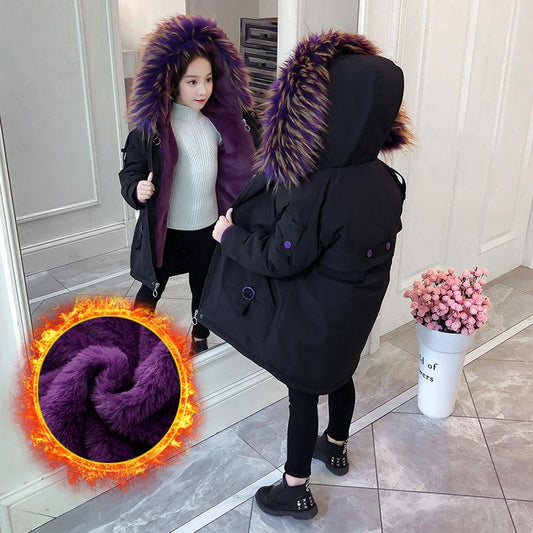 Winter Clothes Plus Cotton Padded Coat for Girls Detachable Plus Velvet Padded Coat Medium and Long Fur Collar Parka Cotton Padded