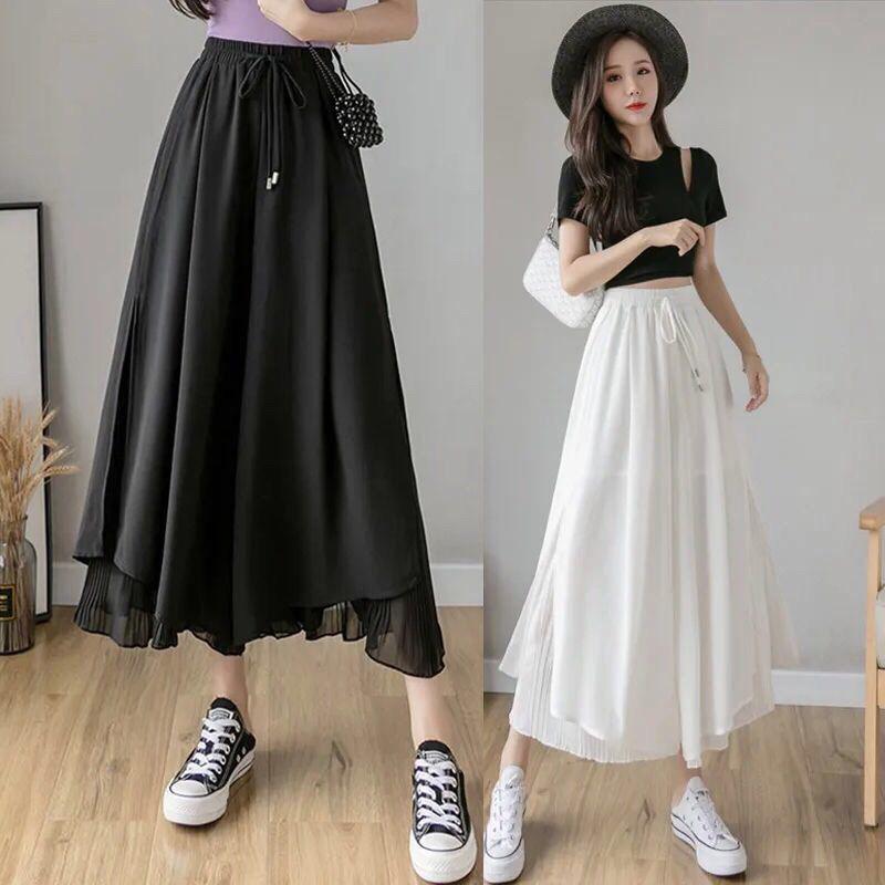 Chiffon Wide-leg Pants Female Students Korean Style Pants Women Loose Thin Black High-waist Wide-leg Pants Nine-point Pants Women