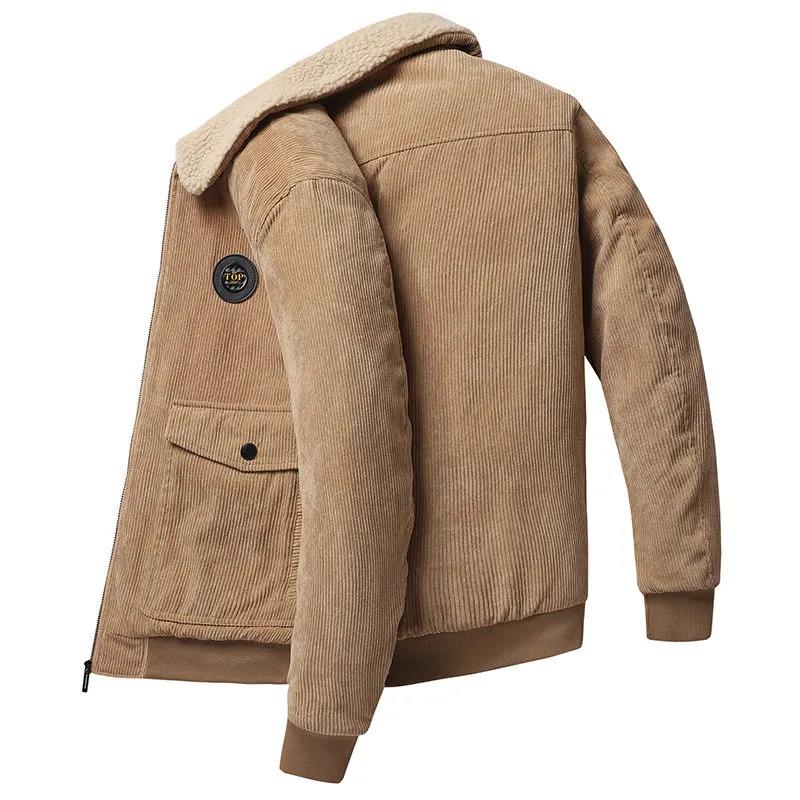 Winter Fleece Warm Thick Jackets Men Fashion Fur Collar Corduroy Coat Autumn Outwear Military Casual Jacket