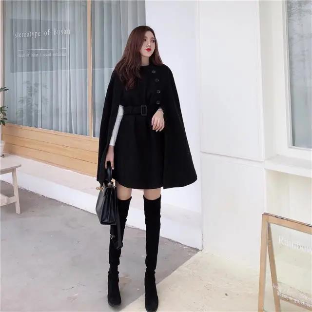 Korean New Style Solid Color Loose Cape Coat Collect Waist Woolen Medium Long Coat Women Winter Tops for Woman
