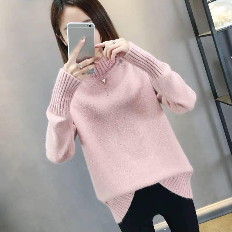 Pofulove Turtleneck Sweater Women's Pullover Loose Short Solid Color Knitted Bottoming Shirt Student