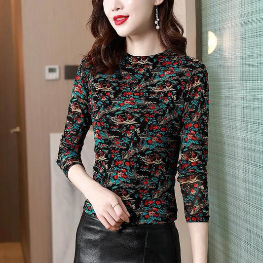 Women's Spring and Autumn Bottoming Shirt Thin Print Slim Half Turtleneck Letter Top T-shirt