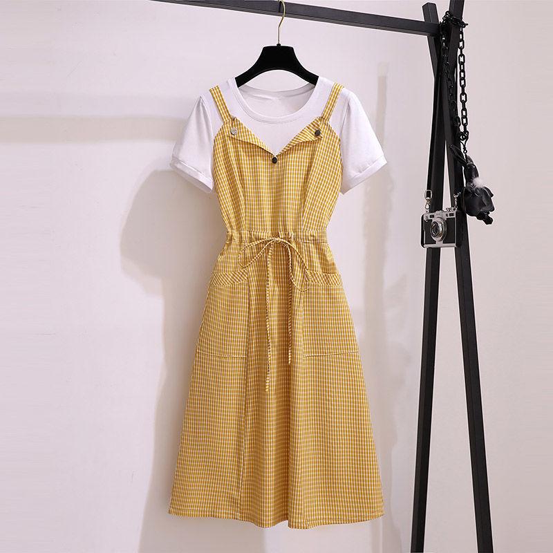 Women Summer Dress Mid-length Plaid Stitching Fake Two-piece Dress Female party Plus Size Dress with Pockets