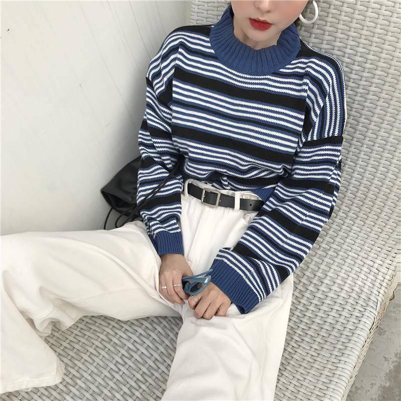 Striped Autumn Winter Retro Harbor Style Sweater Female Students Loose Wild BF Harajuku