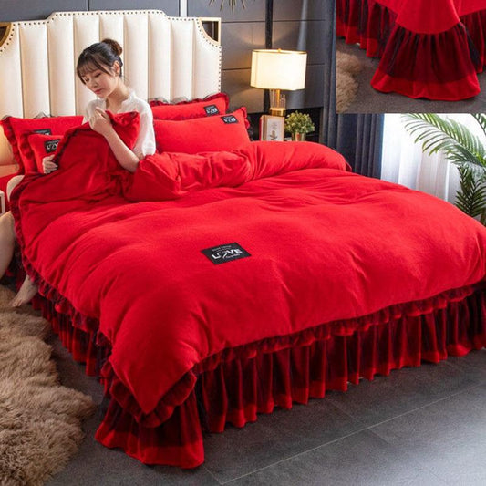 4pcs/set Korean Version of High-grade Milk Velvet Bed Linen Thickened Plus Velvet Warmth Pure Color Quilt Cover Large Bedding