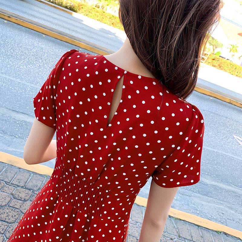 Women Boho Polka Dot Sexy Dress Summer Holiday Sundress Beachwear Short-sleeved Chiffon A-line Dress