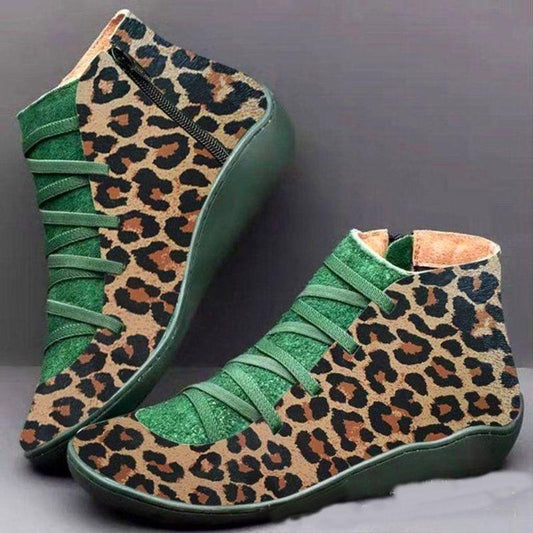 Women Leather Ankle Shoes Vintage Leopard Print Casual Shoes Brand Design Retro Handmade Boot