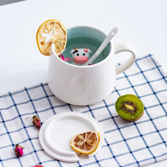 Creative Ceramic Mug with Lid Spoon Cute Female Korean Water Breakfast Cup Couple Milk Coffee Tea Cup