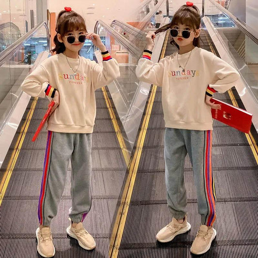 Girls' Suits Children's Spring and Autumn Clothes Contrast Color Thread Design Korean Version Sports Leisure Long-sleeved Pullover Two-piece Set