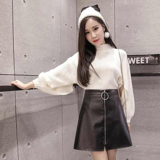 Female Vintage Leather Ring Zipper High Waist A-line Skirt Elegant Slim Short Wrap Hip Club Versatile Skirt