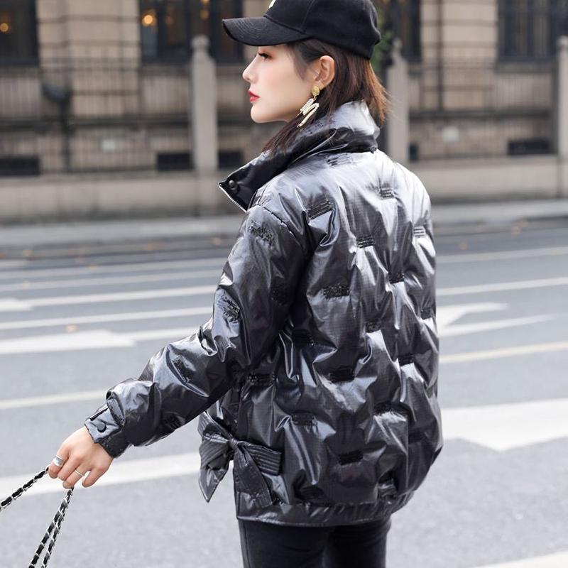 Women's Bright Print Short Down Jacket Winter Korean Loose Quilted Jacket Casual Stand-up Collar Hooded Down Jacket Quilted Jacket