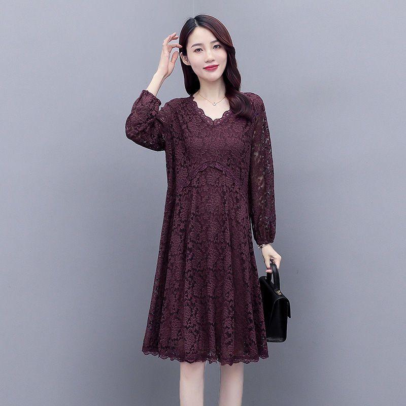 Spring Summer Women's Plus Size Lace Dress Mid-length Long-sleeved A-line Skirt All-match V-neck Women's Dress
