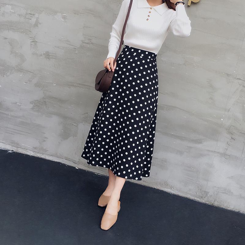 Spring Summer Polka Dot Skirt Floral Black Elegant Maxi Office Zipper Skirts with Lining Plus Size