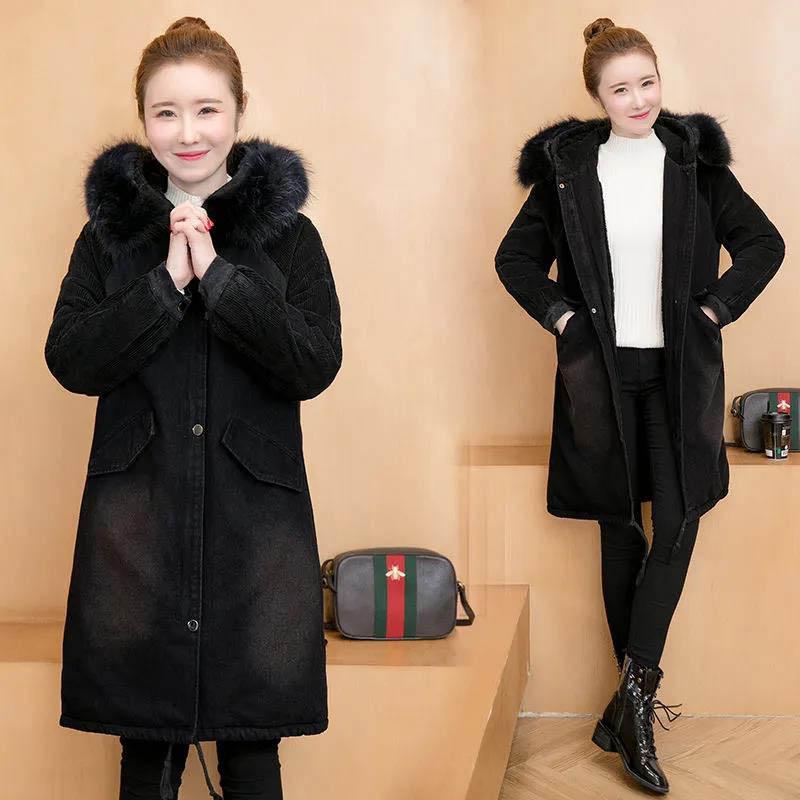 Denim Cotton Jacket Women's Mid-length Autumn and Winter Loose Plus Velvet Thick Cotton Coat Tide