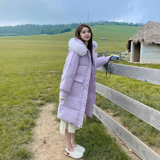 Down Cotton Jacket Women's Thickened Warm Large Wool Collar Large Pocket Long Loose Cotton Jacket