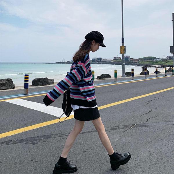 Autumn and Winter College Style Striped Round Neck Sweater Female Students Loose and Thin Mid-length Sweater Coat