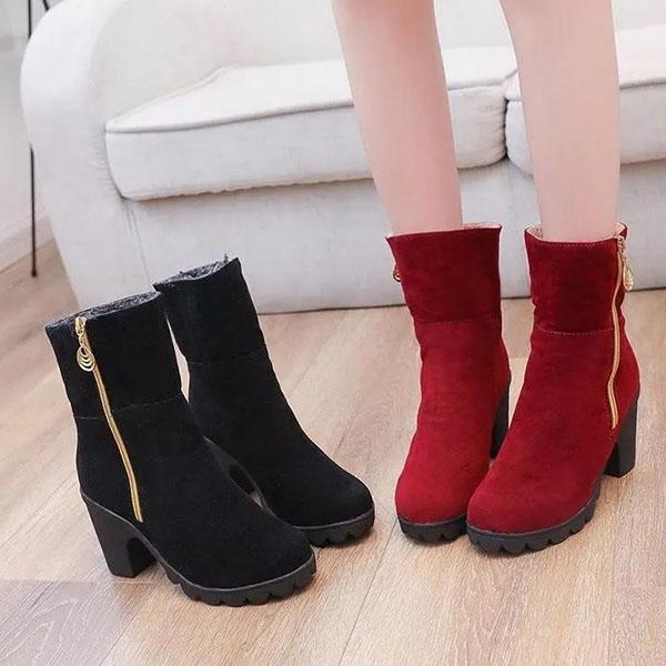 Women's Winter Large Size Solid Color Warm Snow Boots Non Slip Short Martin Boots High Heel Cotton Shoes
