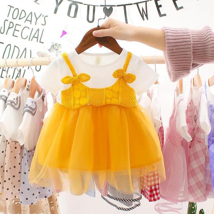 Children Dress Spring Summer O-neck Kids Clothing Baby Girls Clothing Yarn Short Sleeve Dress Girl