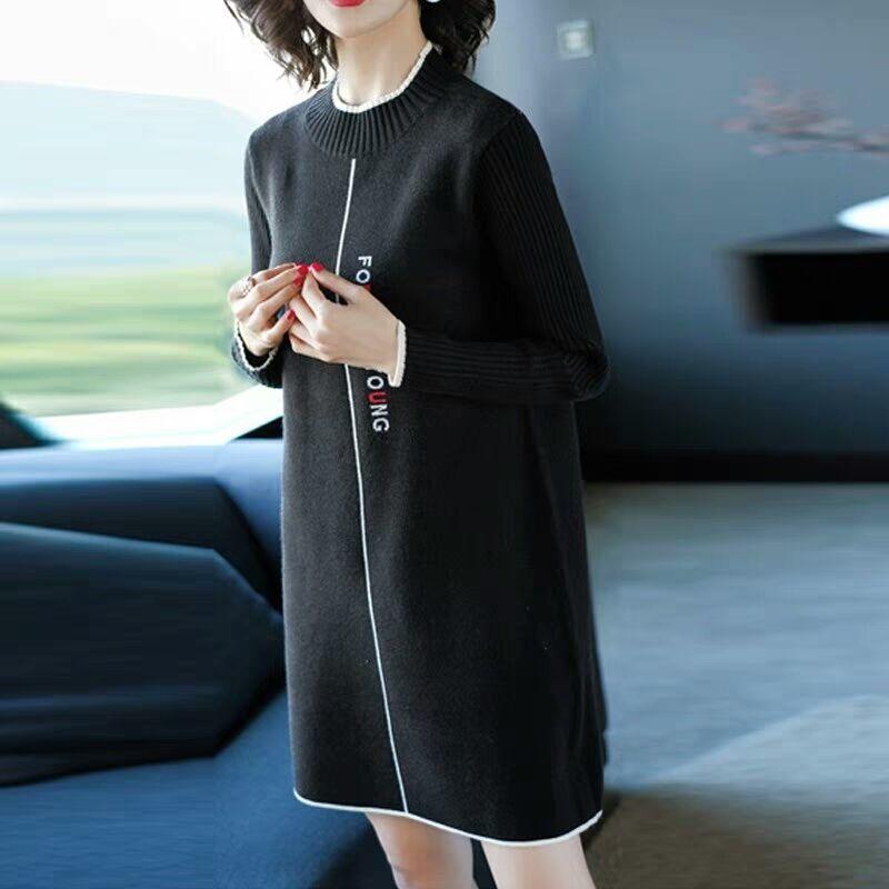 Thicken Turtleneck Sweater Dress Women's Fall/Winter Large Size Loose Letter Printed Pullover Sweater Knit Dress