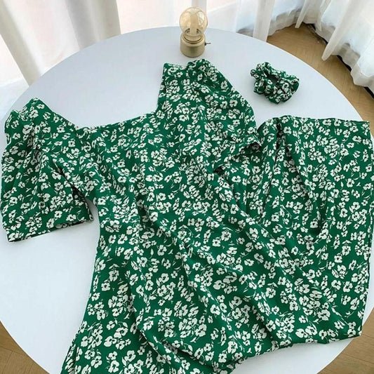Women Summer Long Dress Vintage High Waist Slim Floral Printed Dress Elegant Short Sleeve Chiffon Holiday A-line Dress