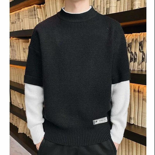 Autumn Thin Sweater Half High Neck Pullover Sweater Men's Trendy Knit Sweater Color Matching Bottoming Shirt Men's Top