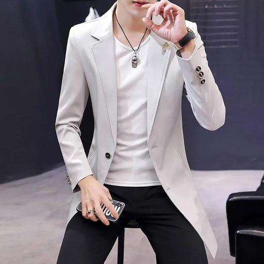 Men Business Suit V-neck Solid Color Coat Slim Windbreaker Casual Trend Parka Long Spring