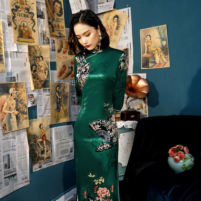 Split dress spring and autumn cheongsam female retro chinese style long cheongsam slim sleeves